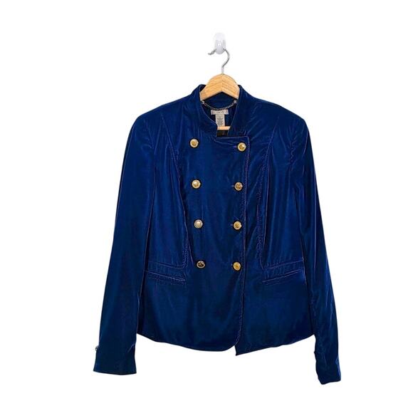 Vintage Cache Blue Velvet Military Style Blazer Jacket S M - Picture 2 of 8